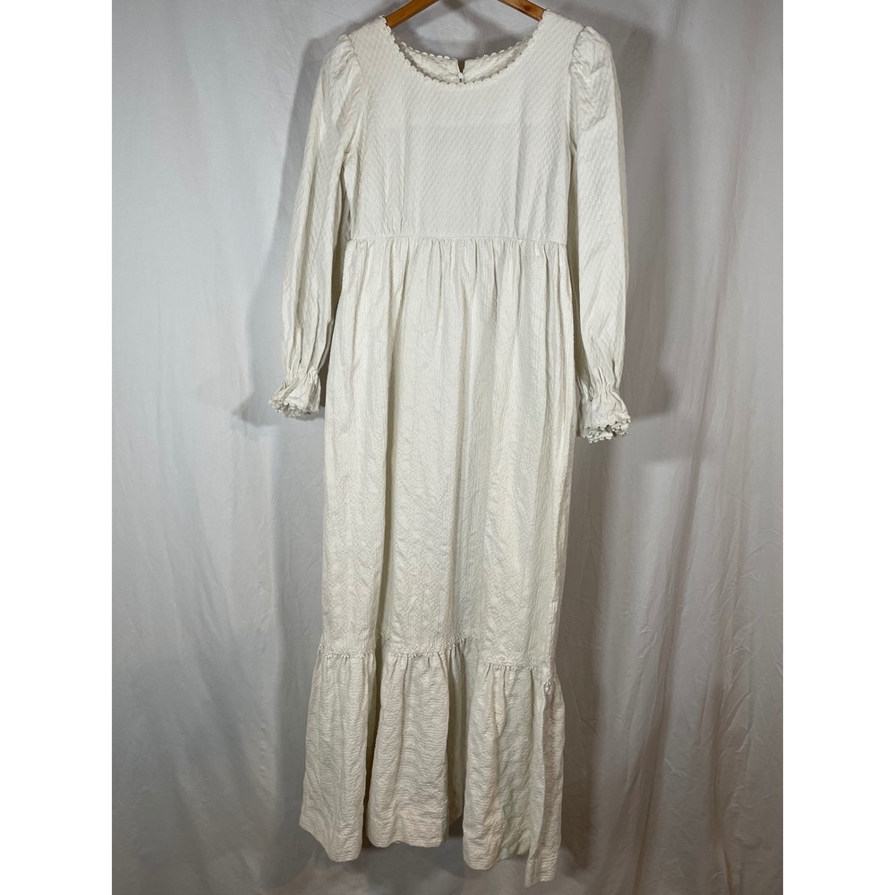 Vintage Cream Textured Seersucker Maxi Dress Empire Waist Cottagecore Prairie